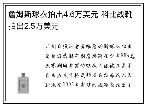 詹姆斯球衣拍出4.6万美元 科比战靴拍出2.5万美元