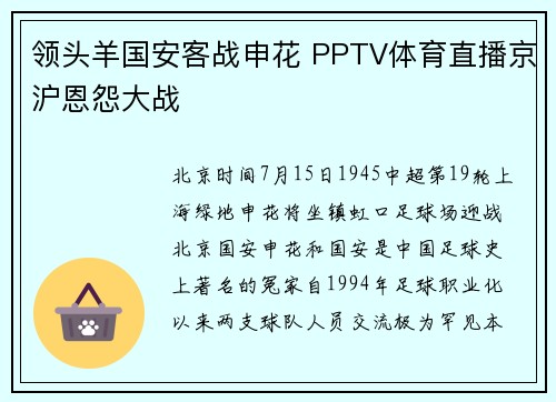 领头羊国安客战申花 PPTV体育直播京沪恩怨大战
